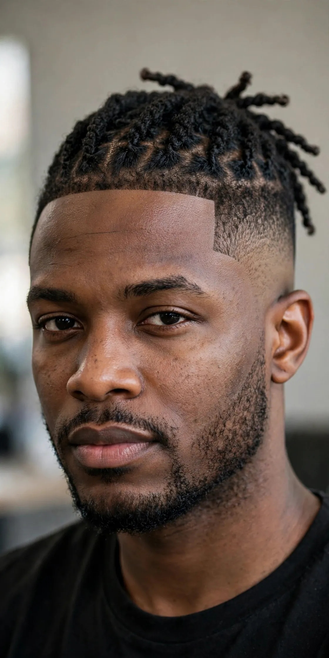 Man with twists and a high taper — two-strand twists on top with high taper fade on the sides.