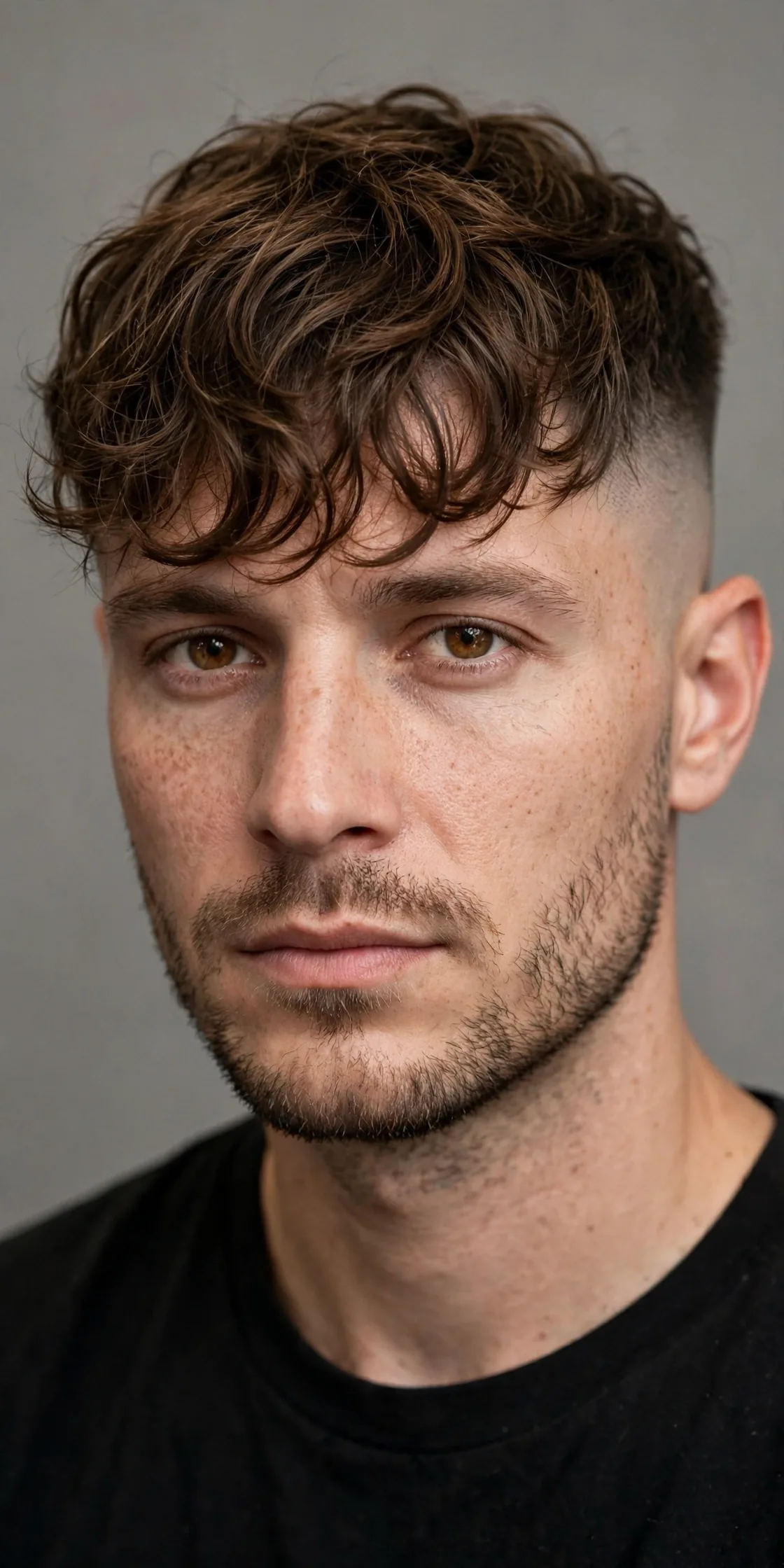 Wavy fringe with a bald fade haircut — loose wavy fringe falling forward with skin-faded sides