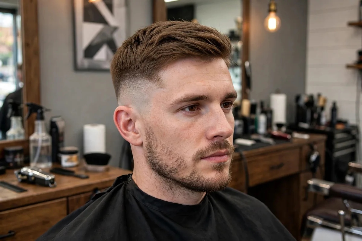 Disconnected buzz haircut — number 4 top with a sharp drop to number 1 sides