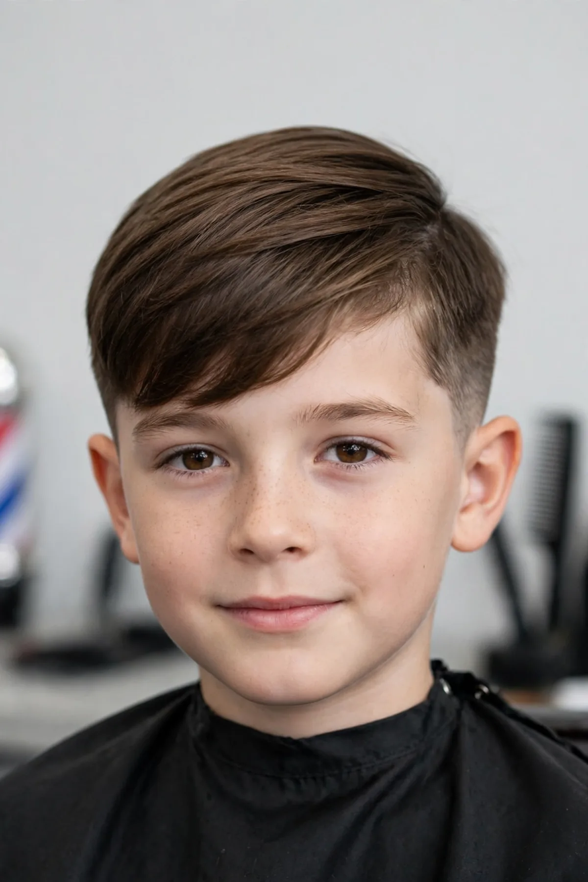 Fade with side-swept fringe for boys — faded sides with a fringe sweeping diagonally across the forehead