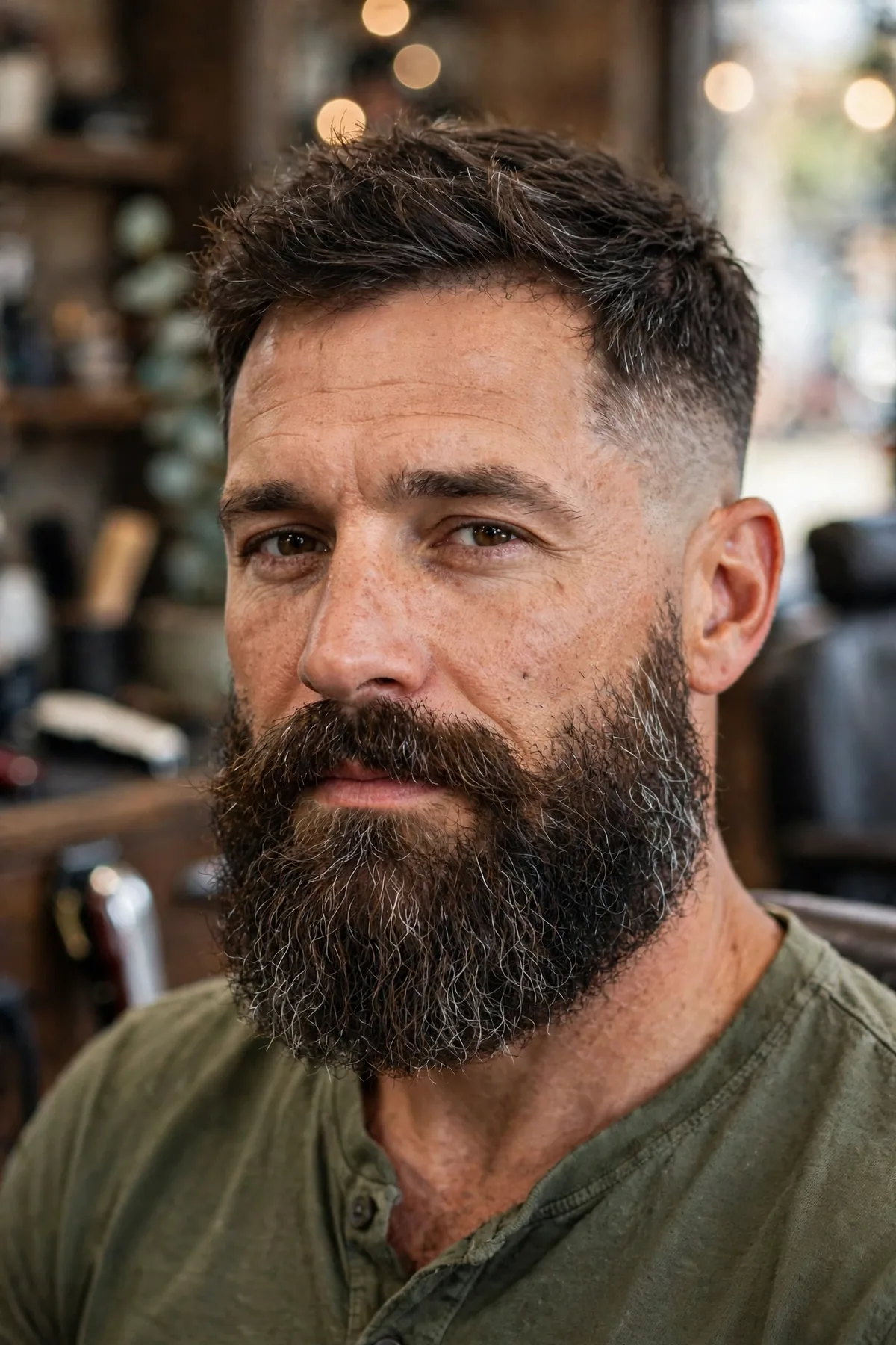 Faded Garibaldi beard with a rounded full beard and softly faded sideburns