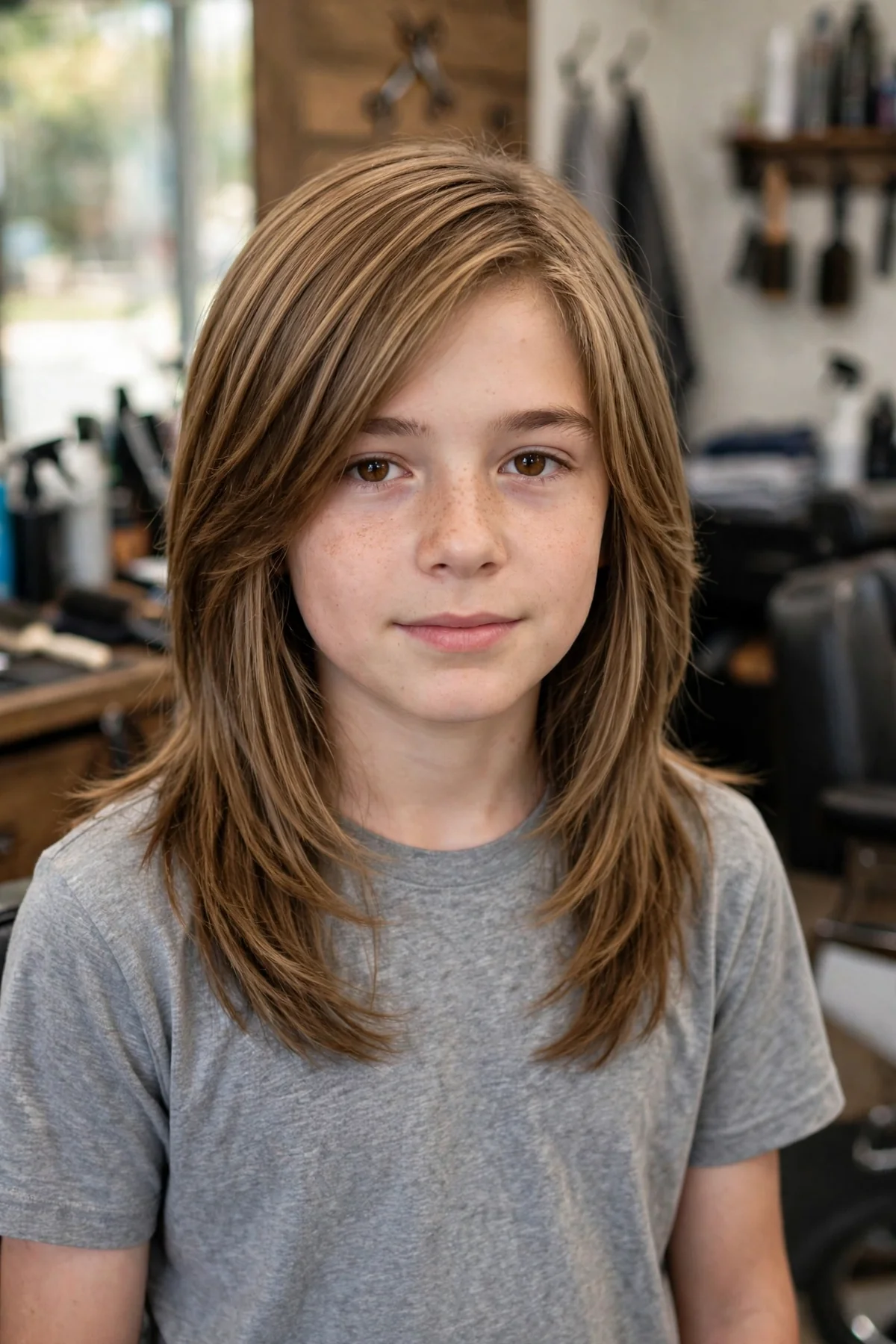 Boy with long straight hair in a layered cut with shape and movement.
