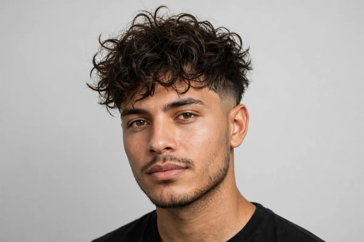 Messy curls taper fade haircut for men — loose textured curls on top with a mid fade