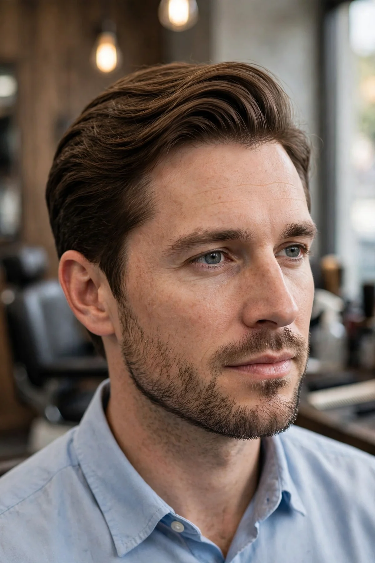 The office-safe bro flow haircut — neat medium-length hair swept back tidily on a man, barbershop photo.