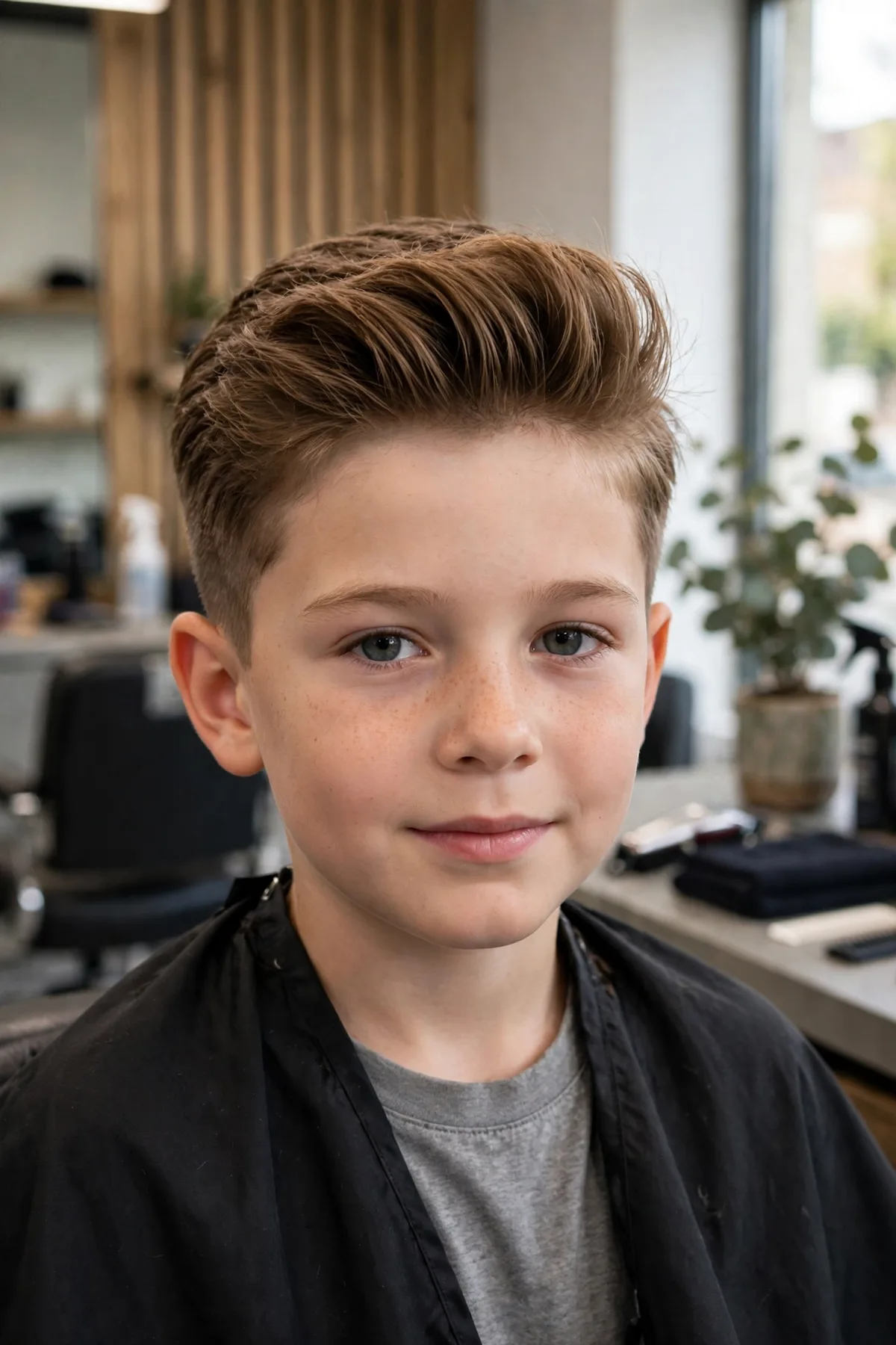 Boy with a short pompadour haircut — voluminous swept-back top with faded sides, a classic short boys haircut