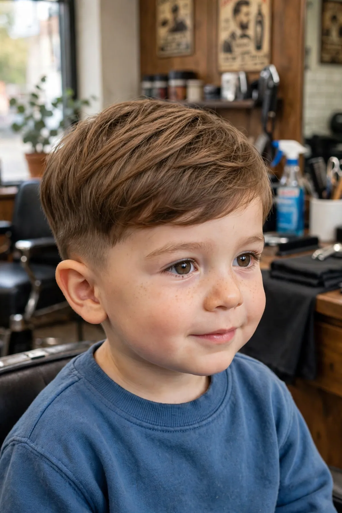 Toddler boy with a soft layered crop, gentle layers with neat sides — natural low maintenance toddler haircut