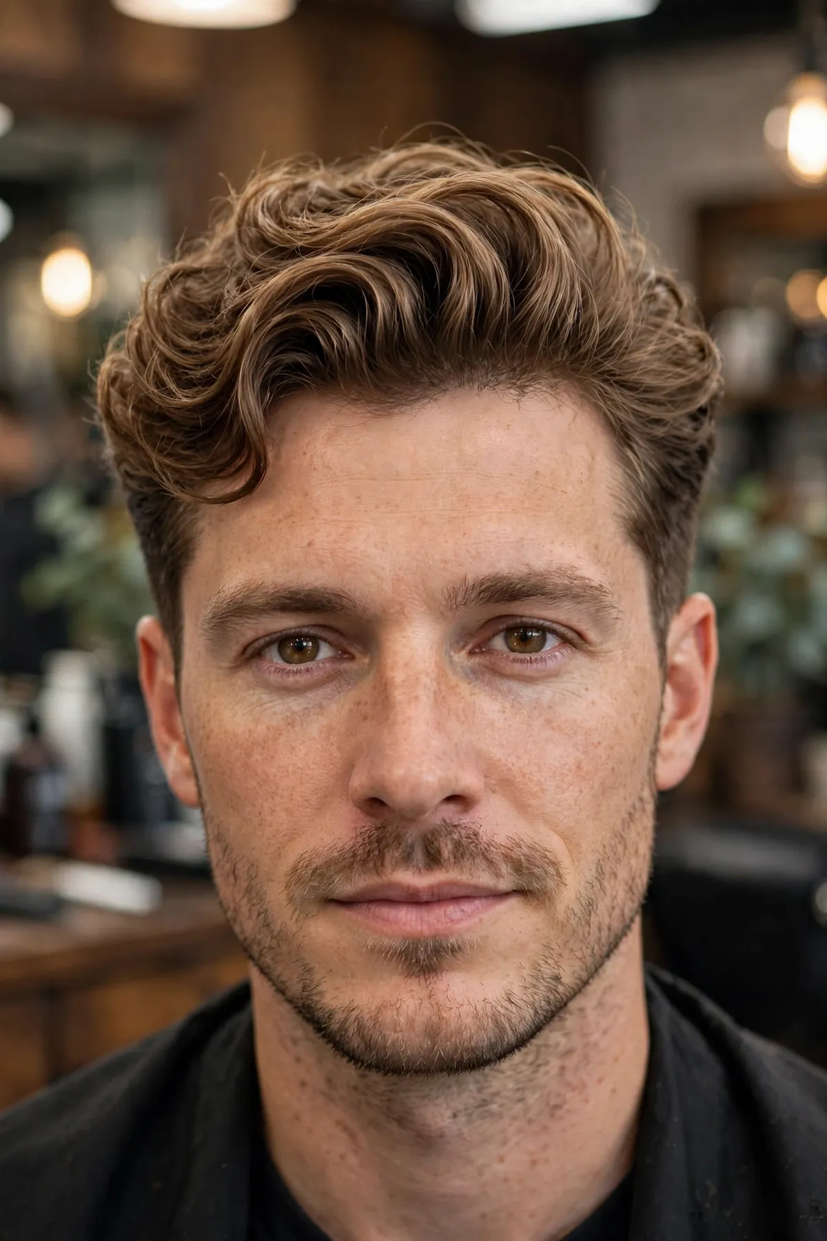 Wavy pompadour hairstyle — natural waves swept up and back into a pompadour with textured finish and faded sides