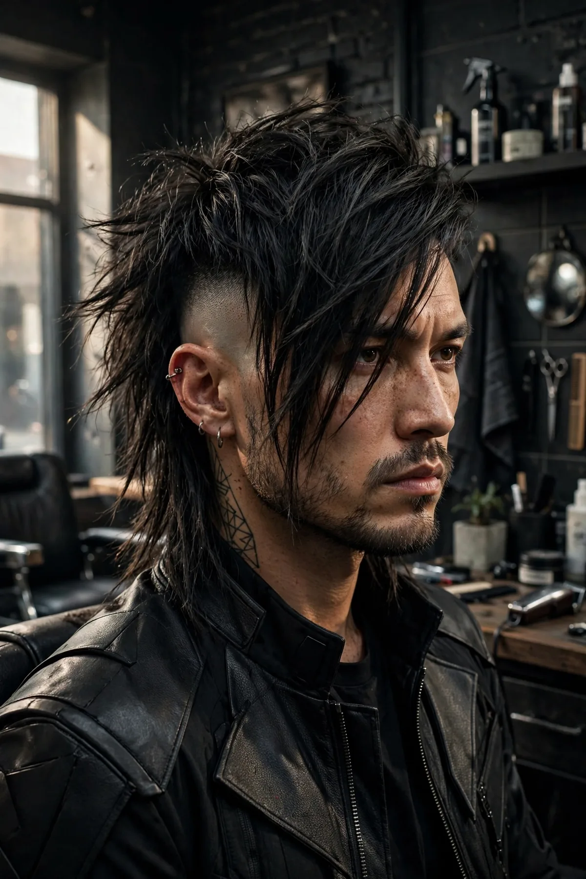 Asymmetrical warrior haircut for men with uneven artistic layers and faded sides