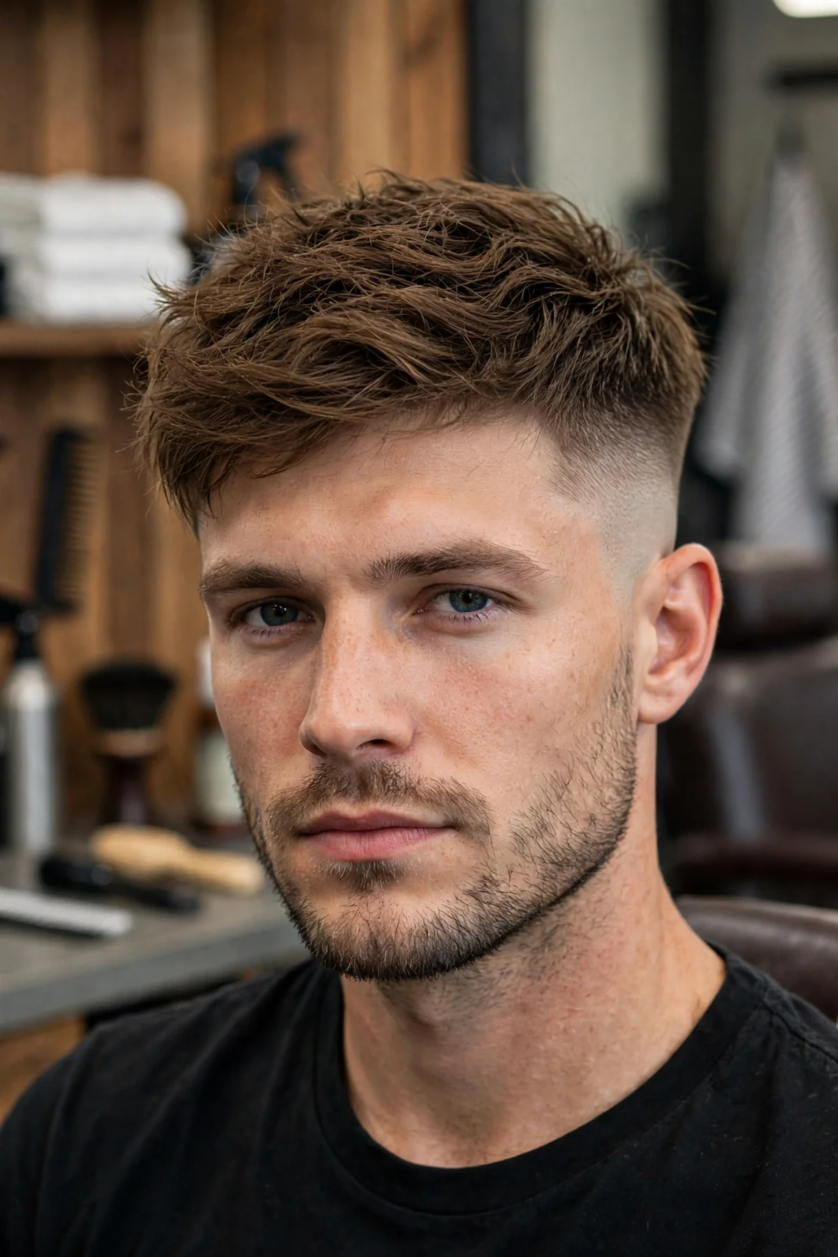 Disconnected undercut medium haircut for men with a hard part line and faded sides.