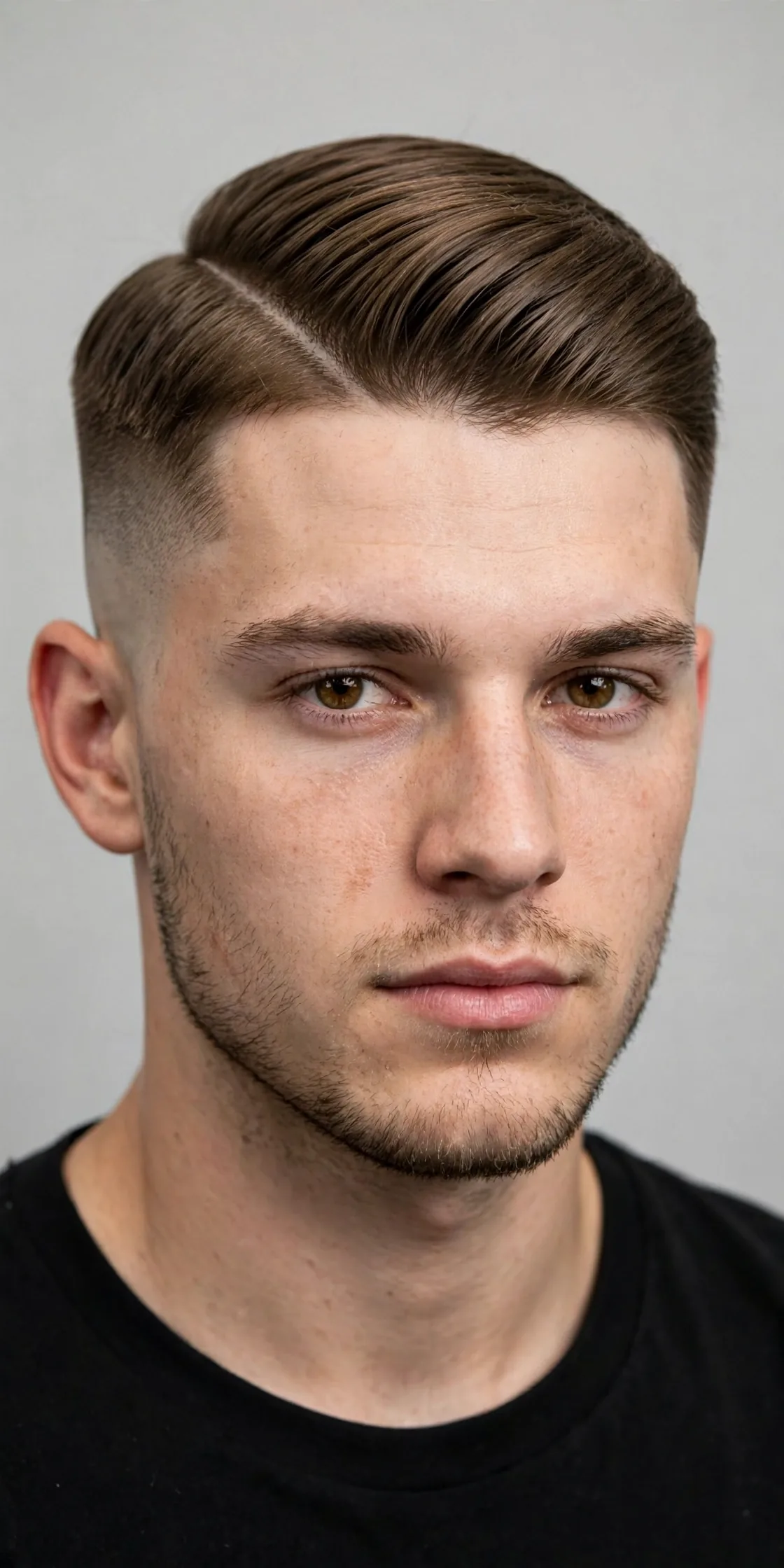 Hard part with a bald fade haircut — shaved part line with combed top and bare-skin faded sides