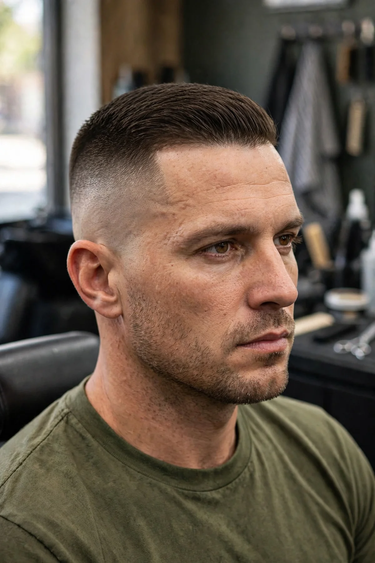 High and tight haircut for men with straight hair — very short faded sides with a slightly longer top