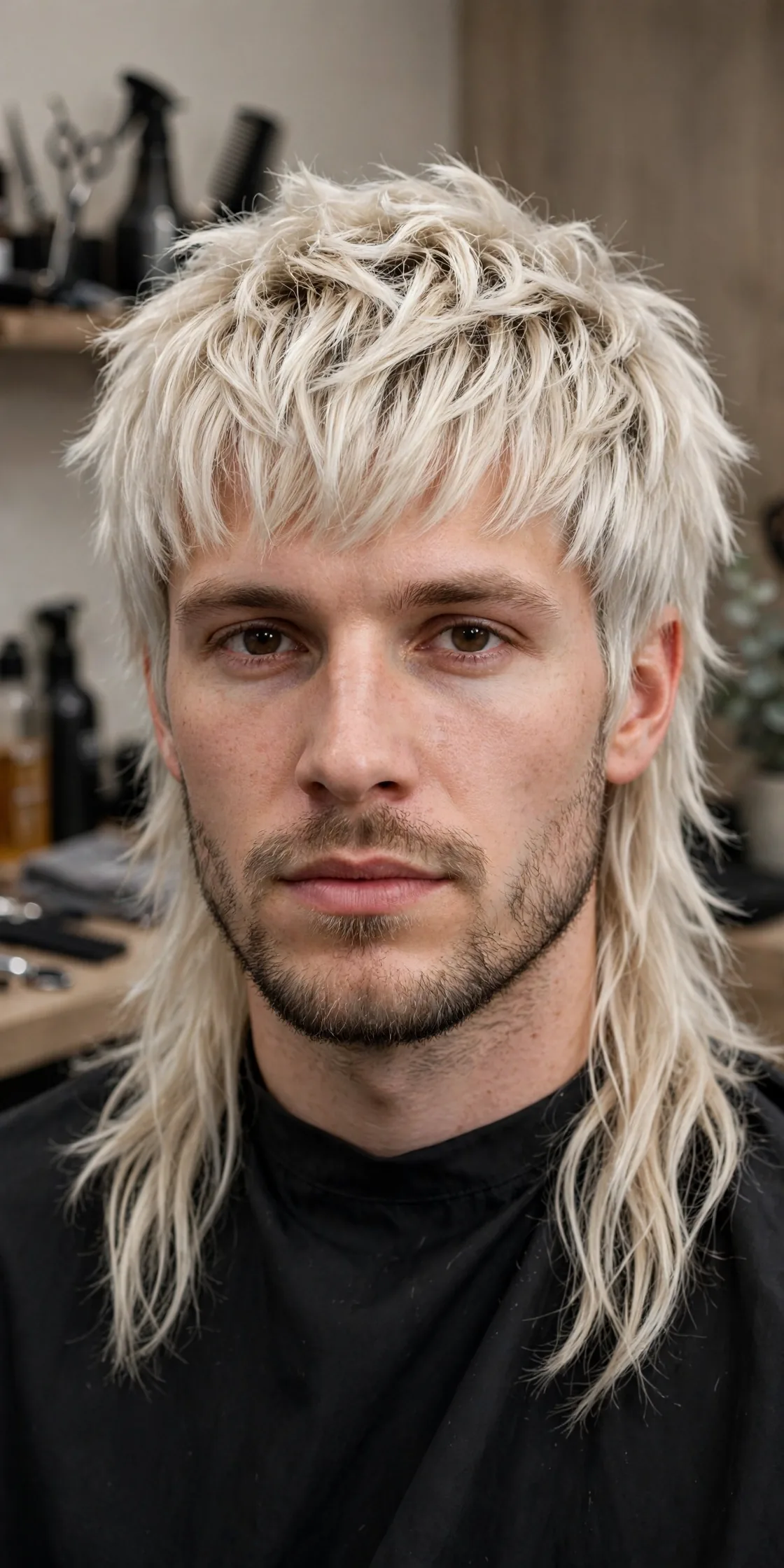 Platinum blonde wolf cut haircut for men with bleached shaggy layers and bold color