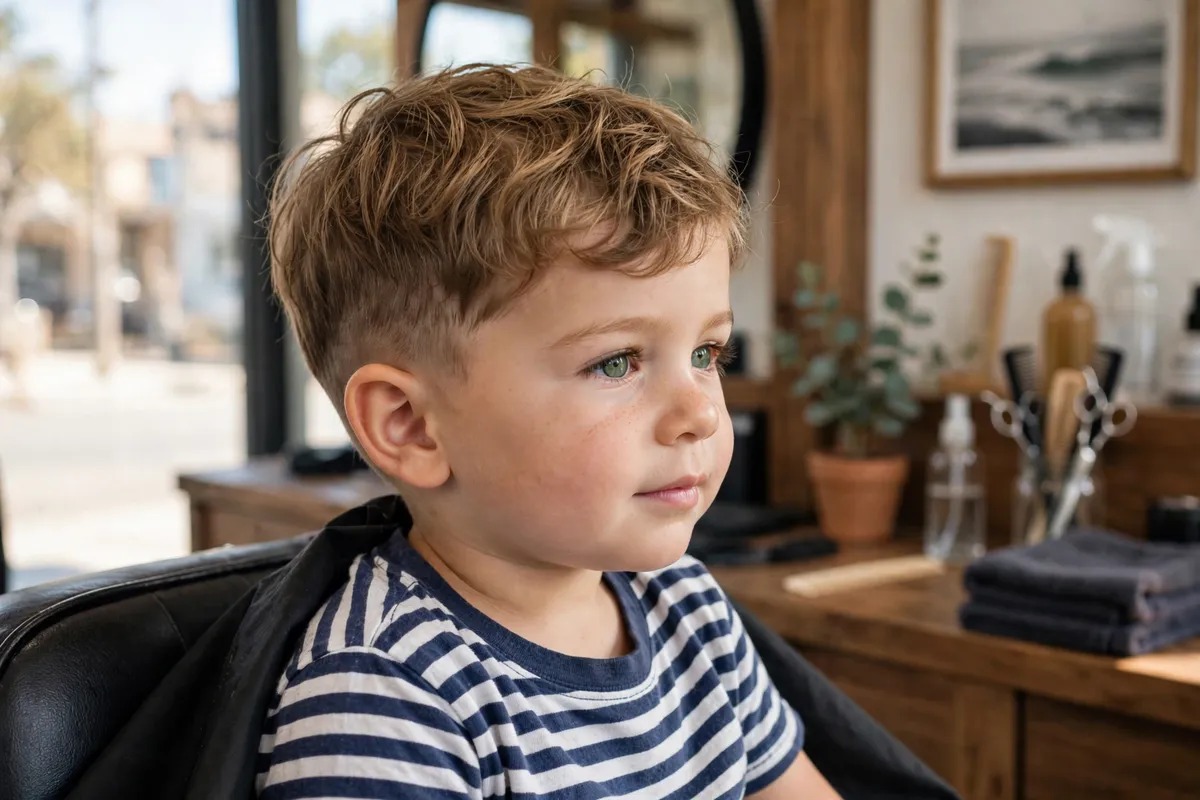 Toddler boy with a short surfer haircut, relaxed wavy top — carefree low maintenance toddler boy haircut