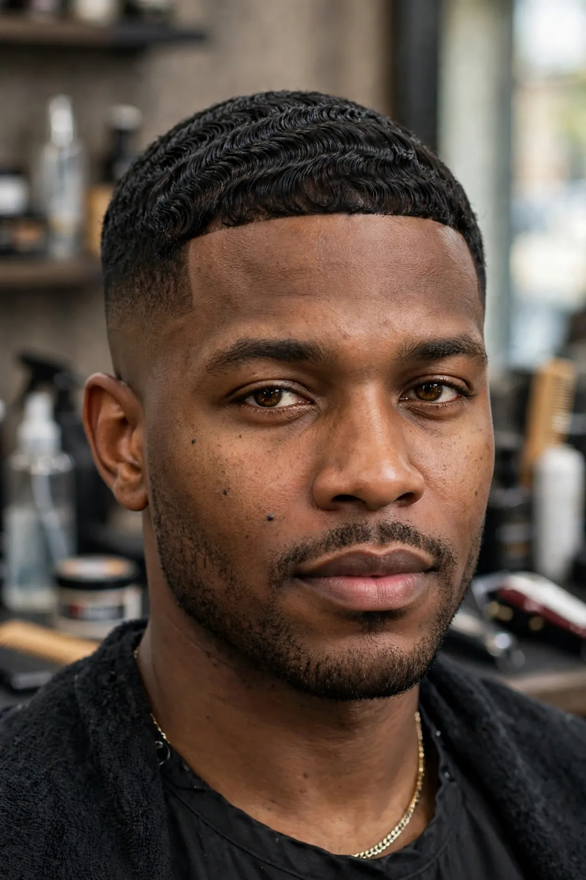 Skin fade black men haircut blending to bare skin with textured top