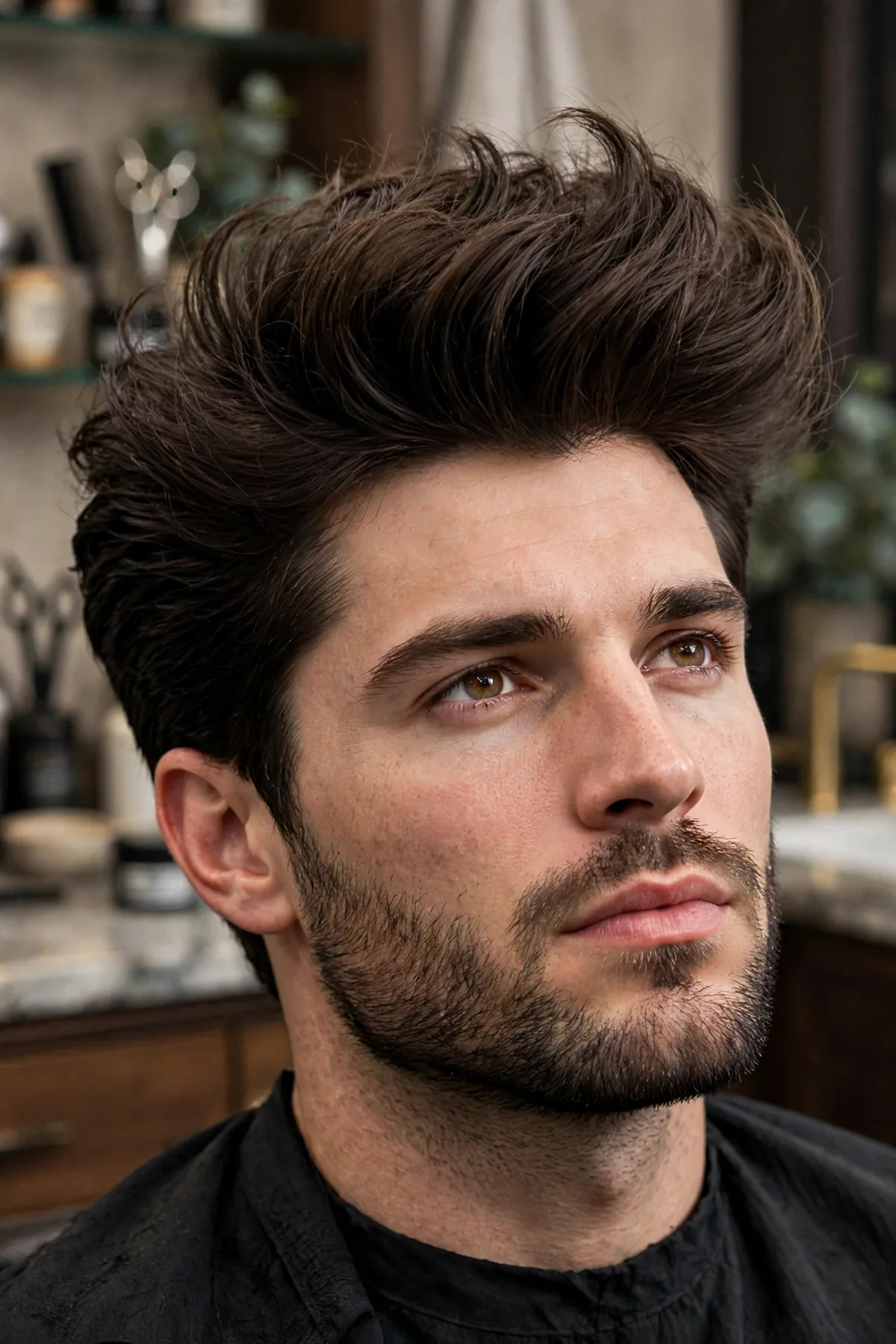 Volume slick back haircut with thick lifted hair swept back in a full bodied style. A voluminous thick slick back hairstyle for men with big hair.