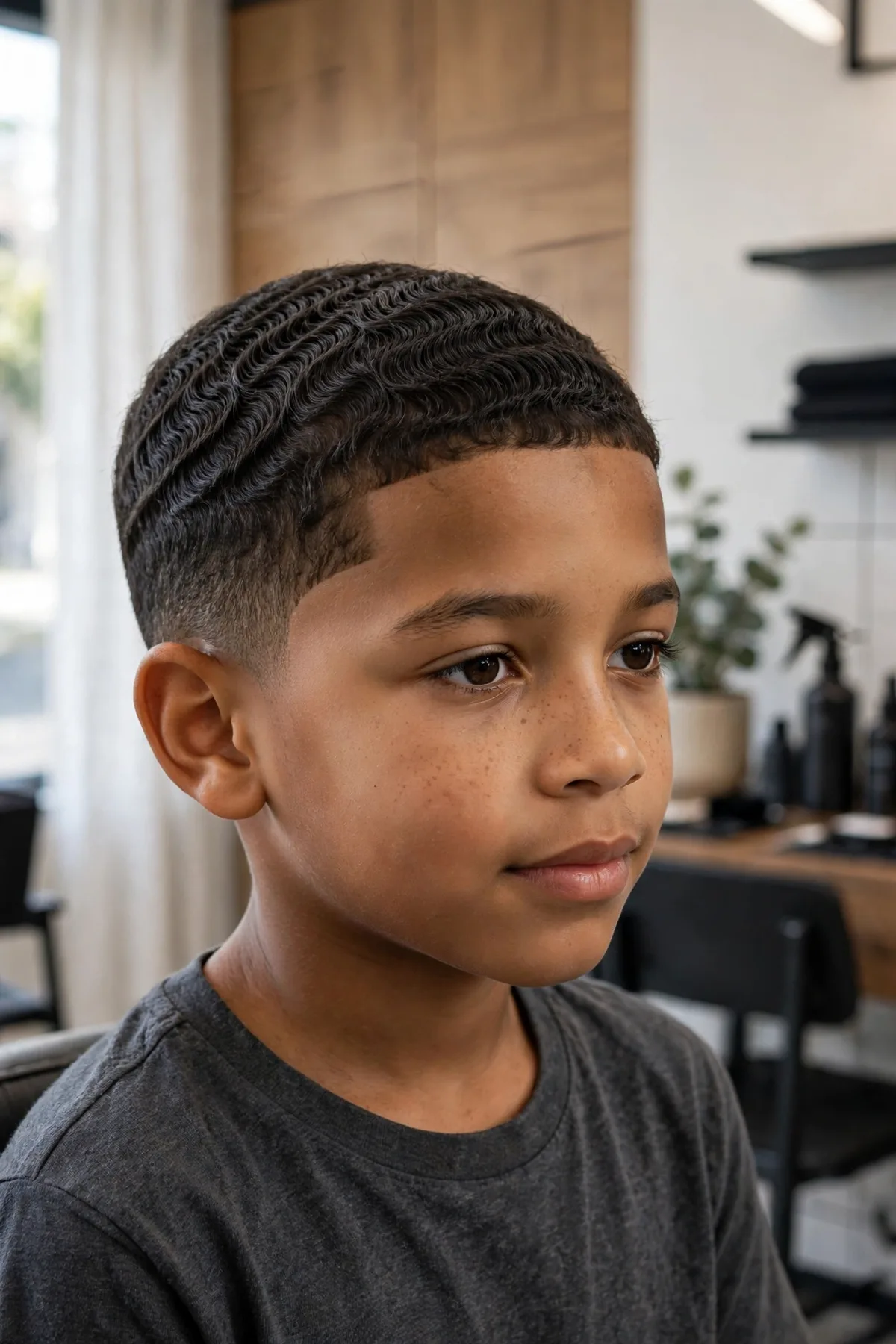 Boy with 360 waves haircut — smooth circular wave pattern in short coily hair, a stylish short boys haircut