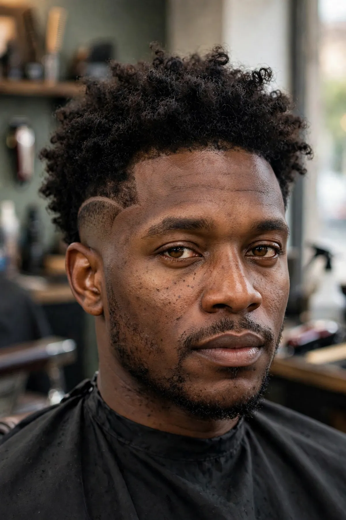 Burst fade black men haircut curving around the ear with longer back hair