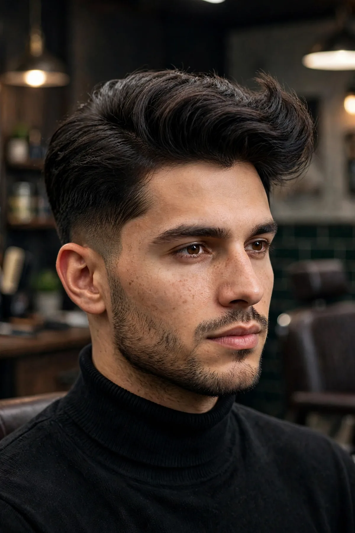 Man with a comb over and quiff hybrid haircut, lifted front flowing into a side sweep, barbershop photography