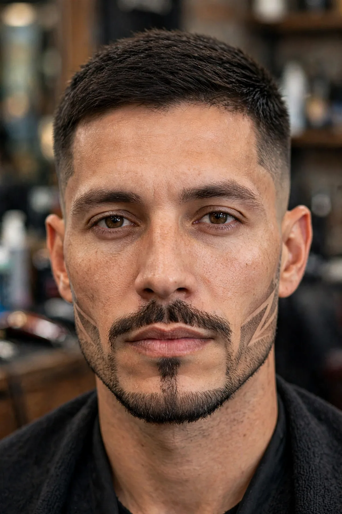 Faded anchored beard with a chin strap connected to a mustache and faded edges
