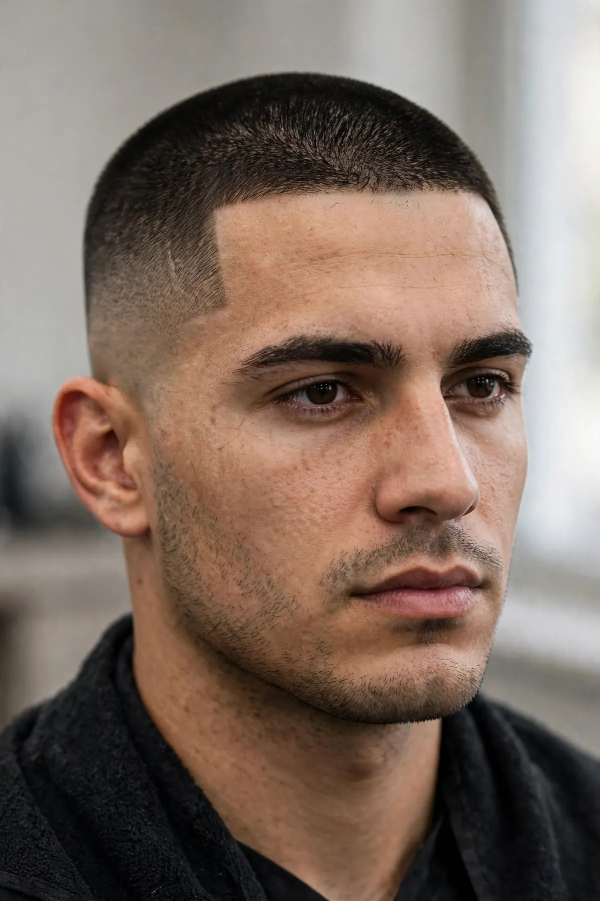 Man with a high and tight — close-clipped top with high taper sides blending toward the skin.
