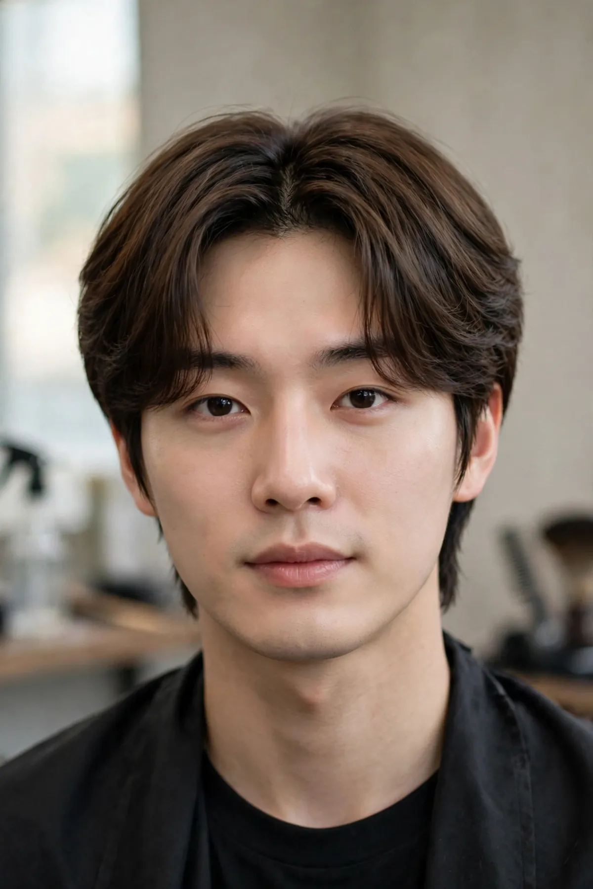 K-pop style middle part haircut for men with soft layered center-parted hair