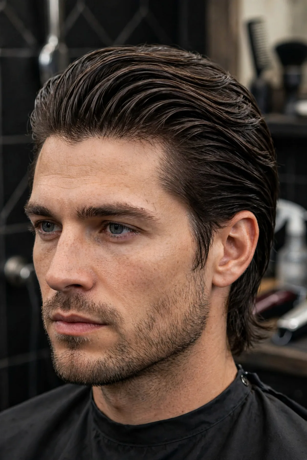 Layered slick back haircut with long layered hair swept back showing natural texture and movement. A flowing layered slick back hairstyle for men with medium length hair.