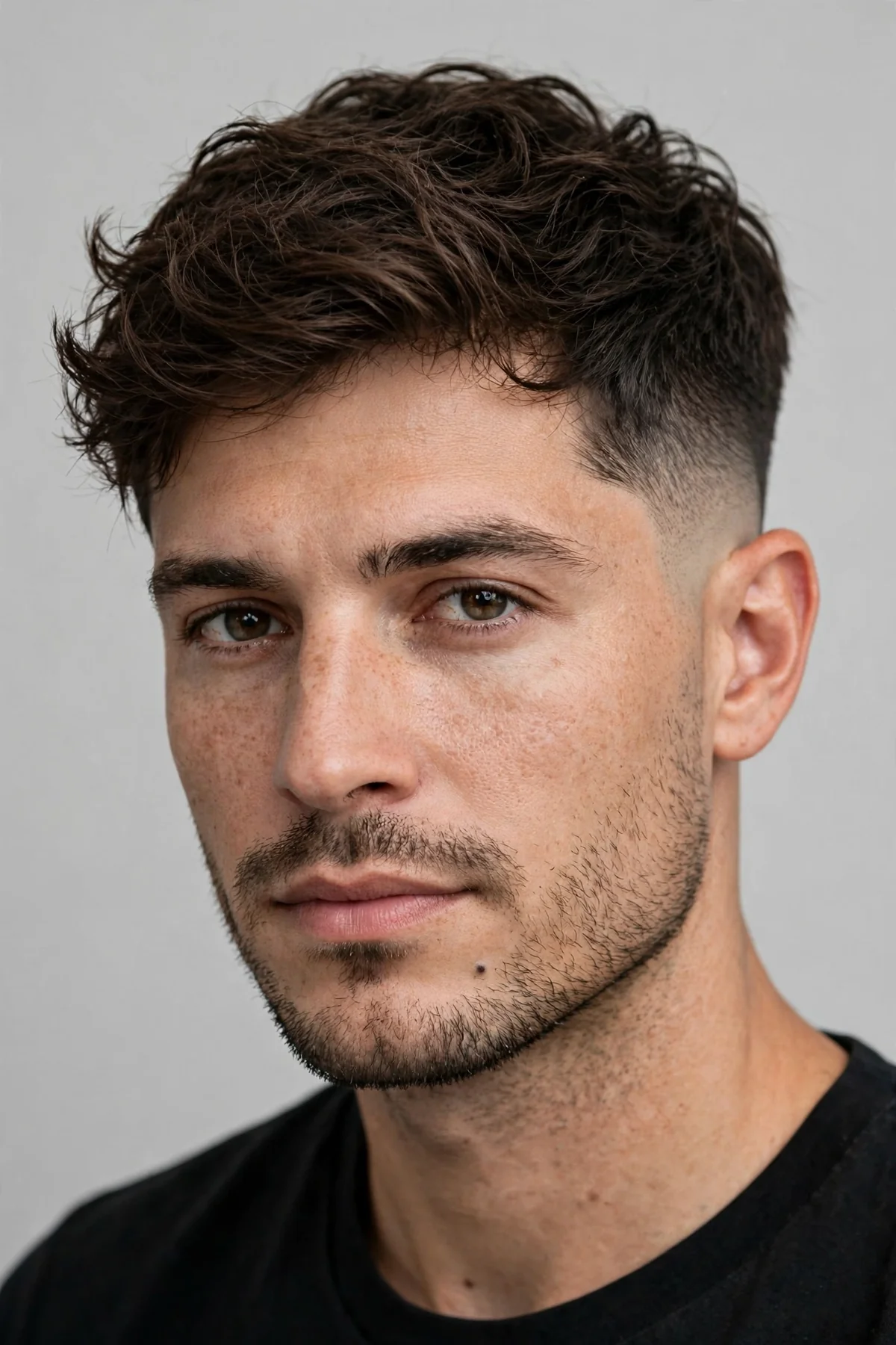 Medium top with fade haircut for men — textured length on top, crisp low fade.