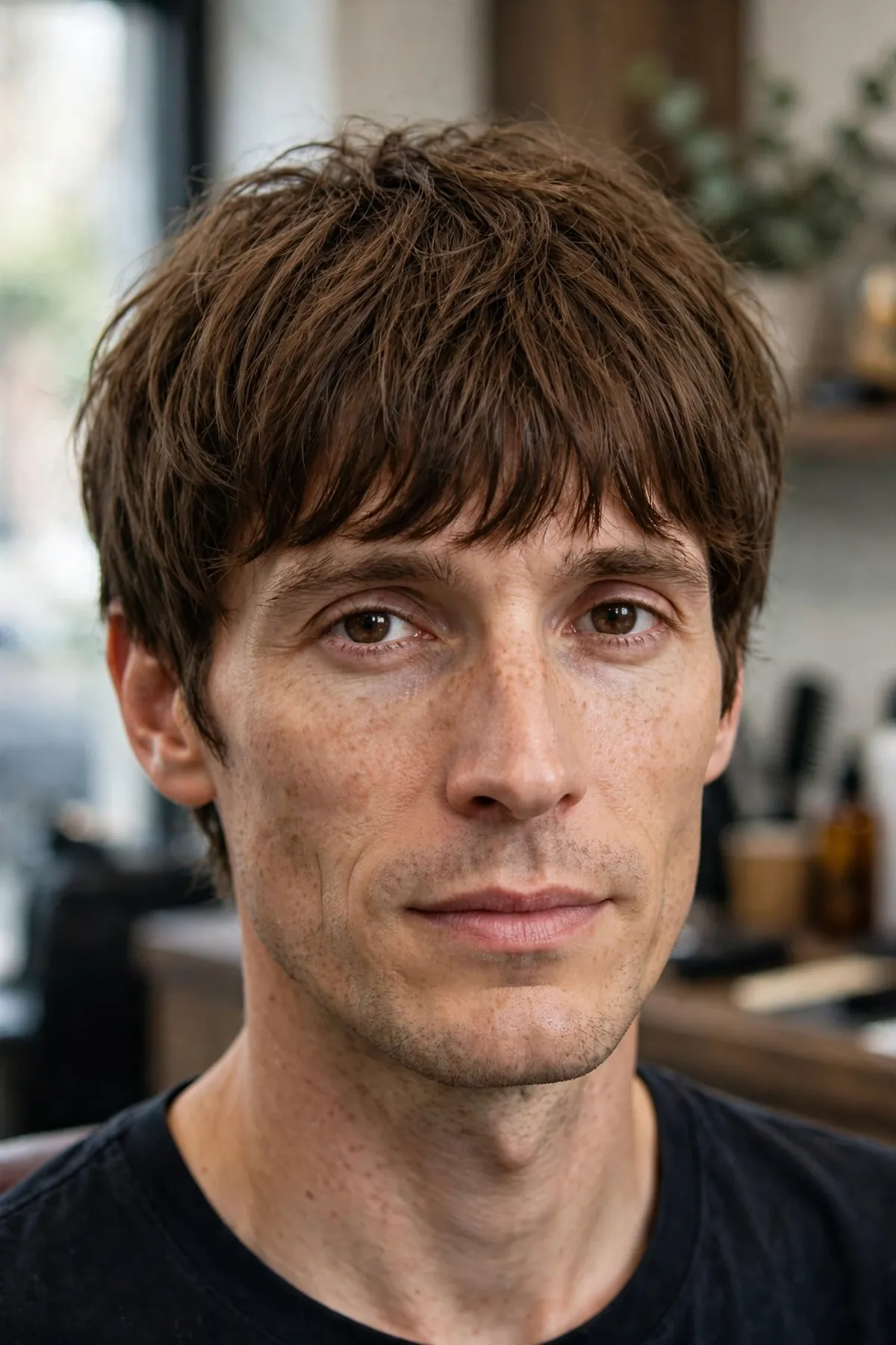 Messy fringe haircut for long faces on a man, forehead-covering textured bangs balancing a long face shape
