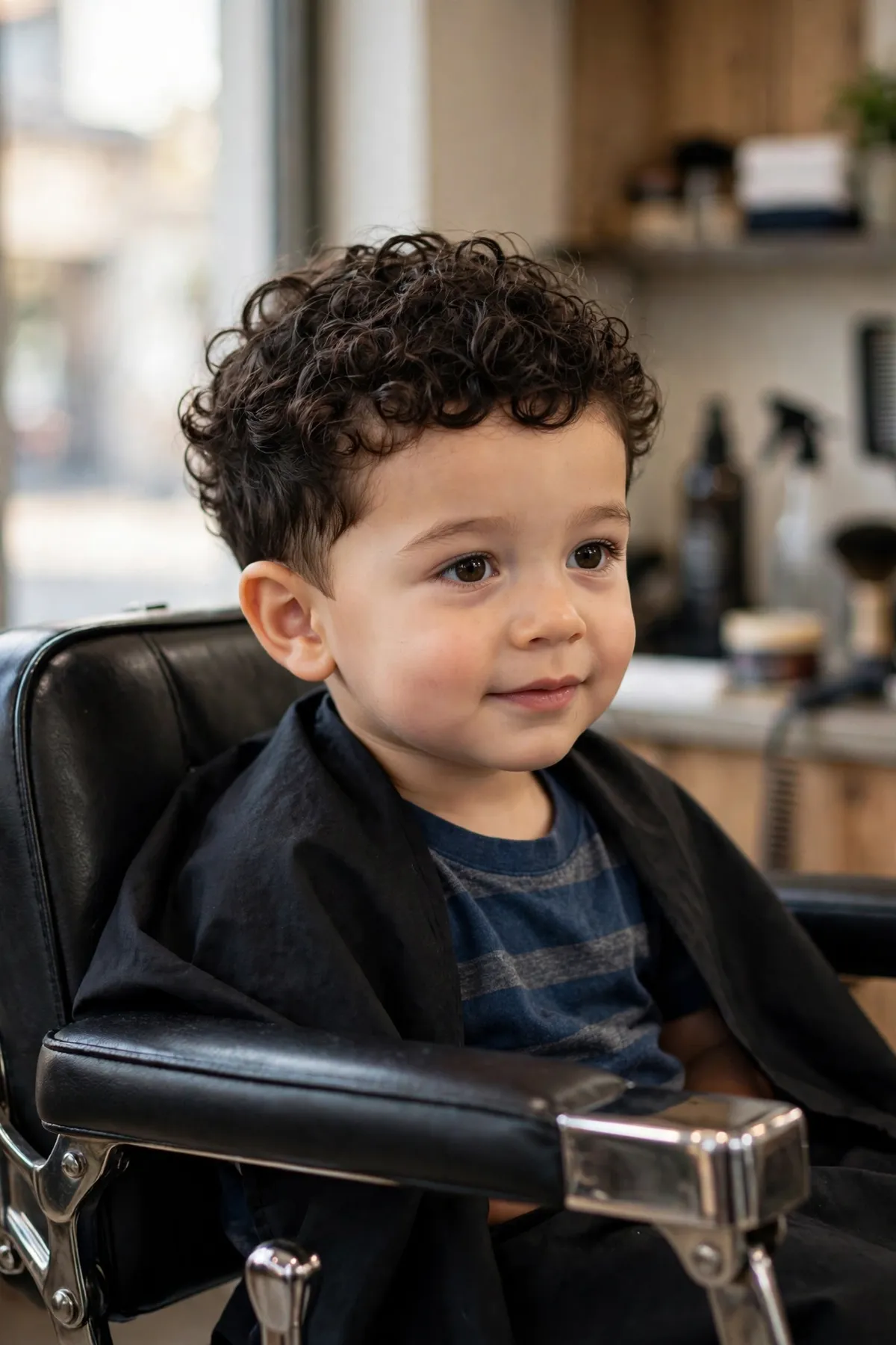 Toddler boy with a natural curls cut, soft rounded shape — beautiful low maintenance curly toddler haircut