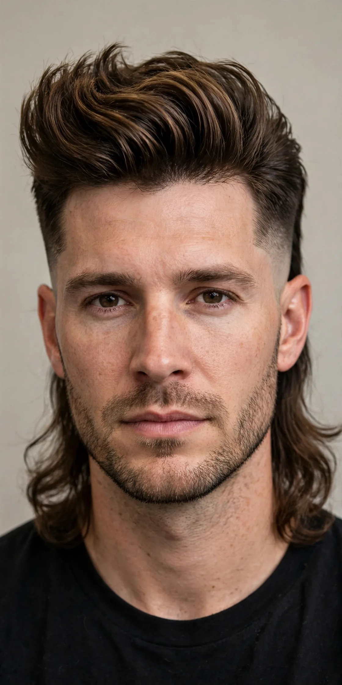 Quiff fade mullet haircut — voluminous quiff swept up in front with a crisp mid fade and longer flow at the nape.