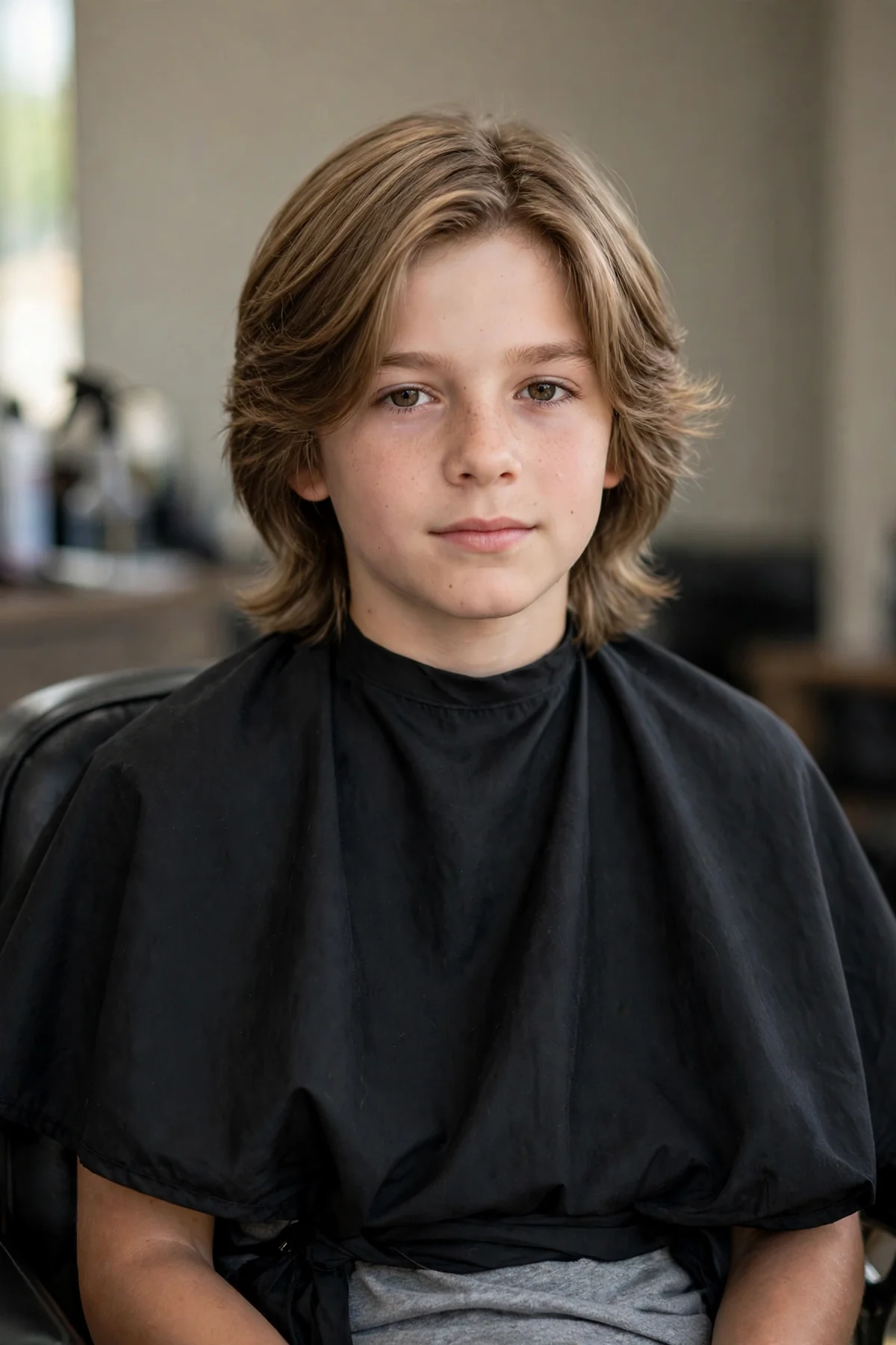 Boy with straight hair in a surfer flow — medium-length hair pushed back with movement.