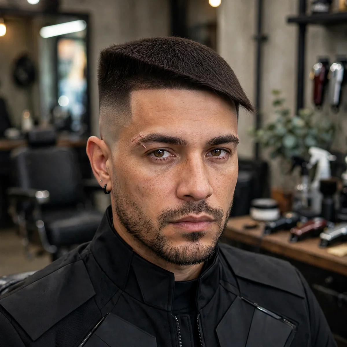 Asymmetric flat top haircut with slanted edgy crown shape, an artistic men's hairstyle