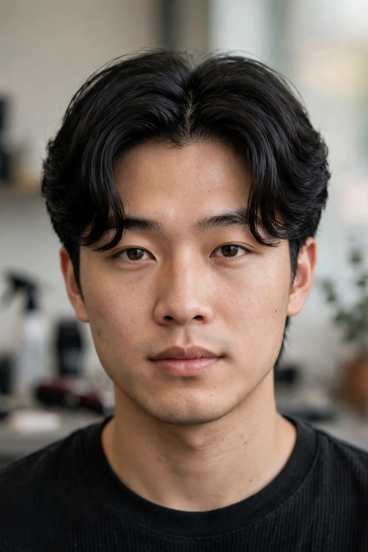 Blowout curtains haircut for men with middle part and voluminous face-framing top