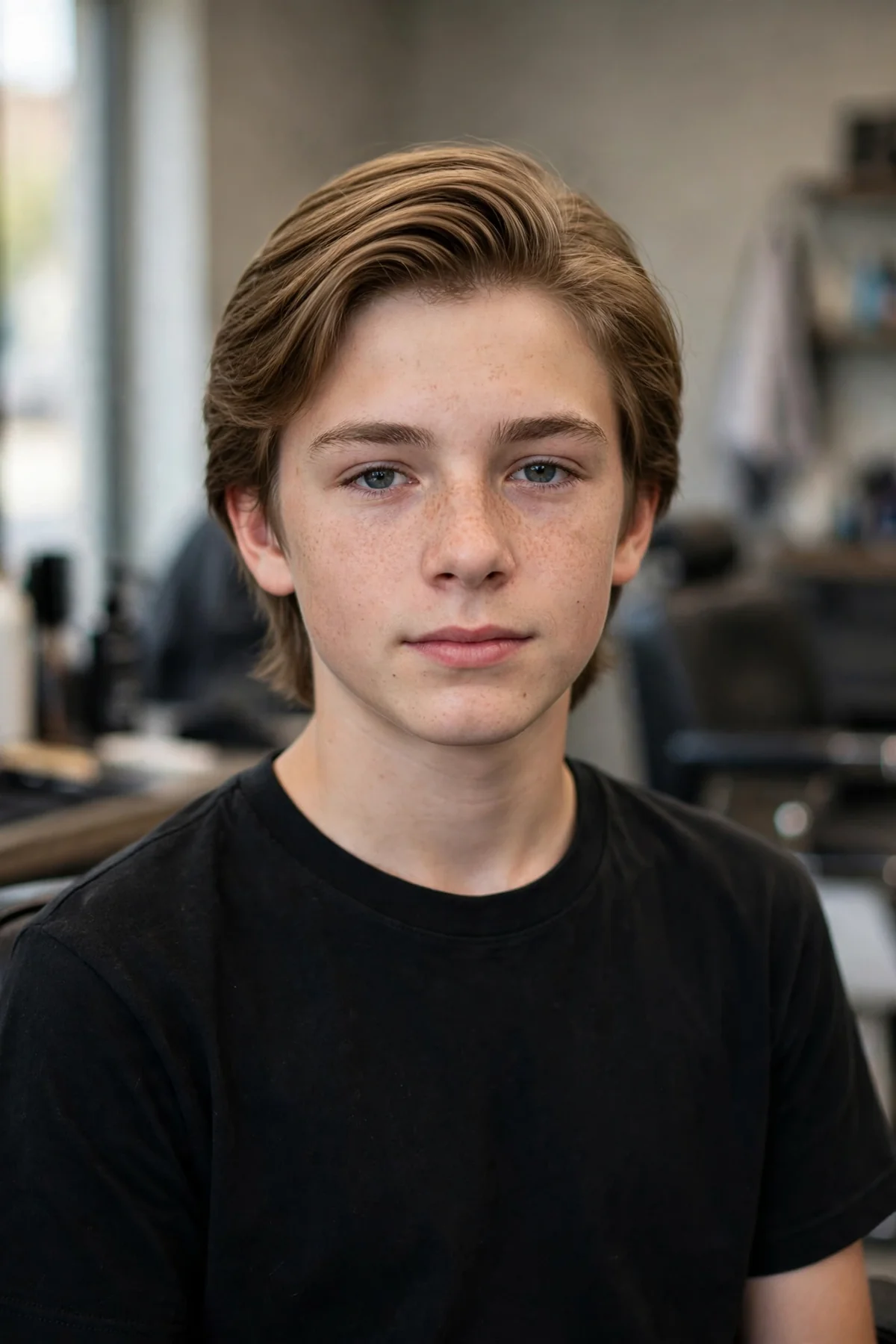 Teen boy with straight hair in a bro flow brushed back off the face.