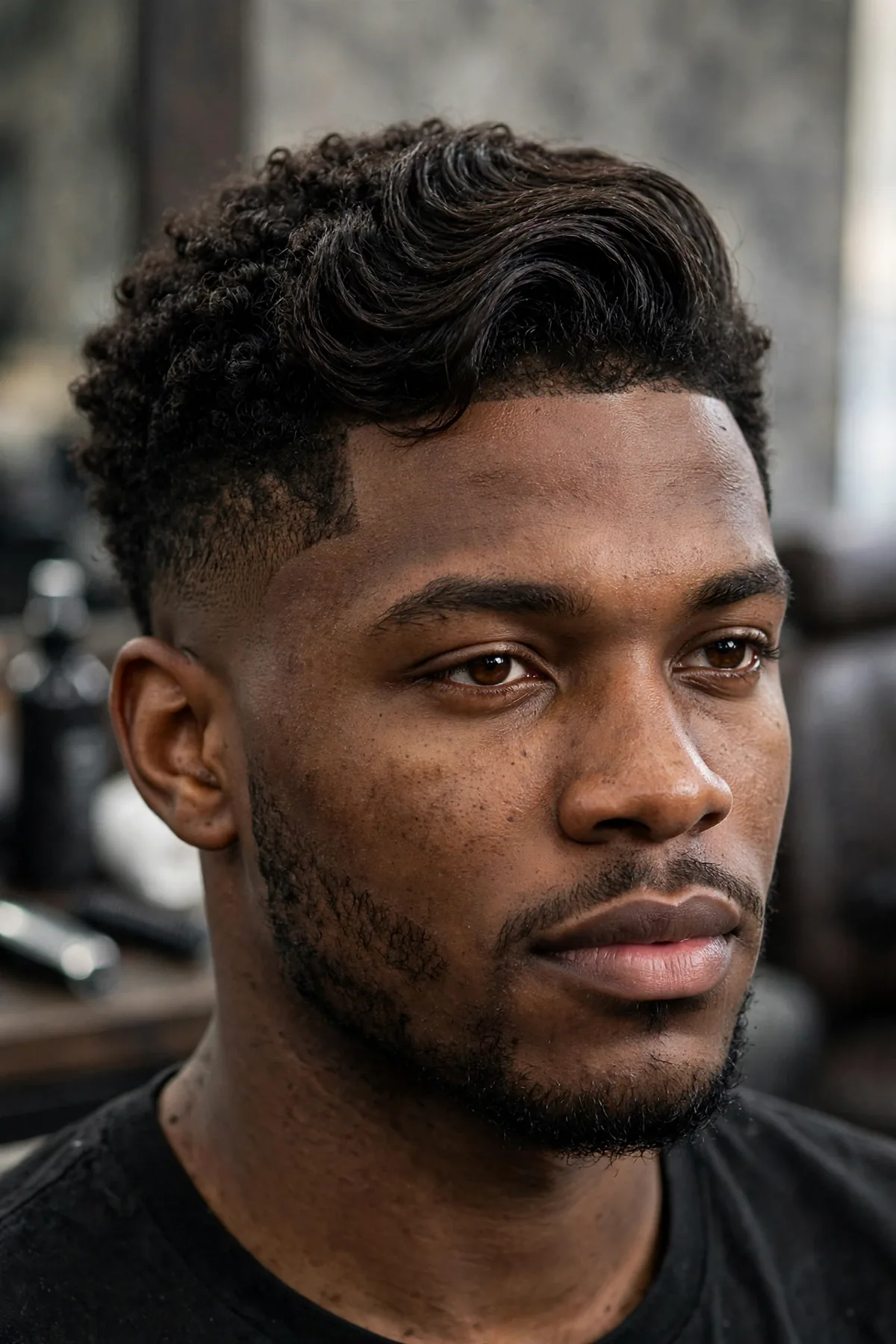 Man with a coily fade comb over haircut, defined coils swept to one side over clean faded sides, barbershop portrait