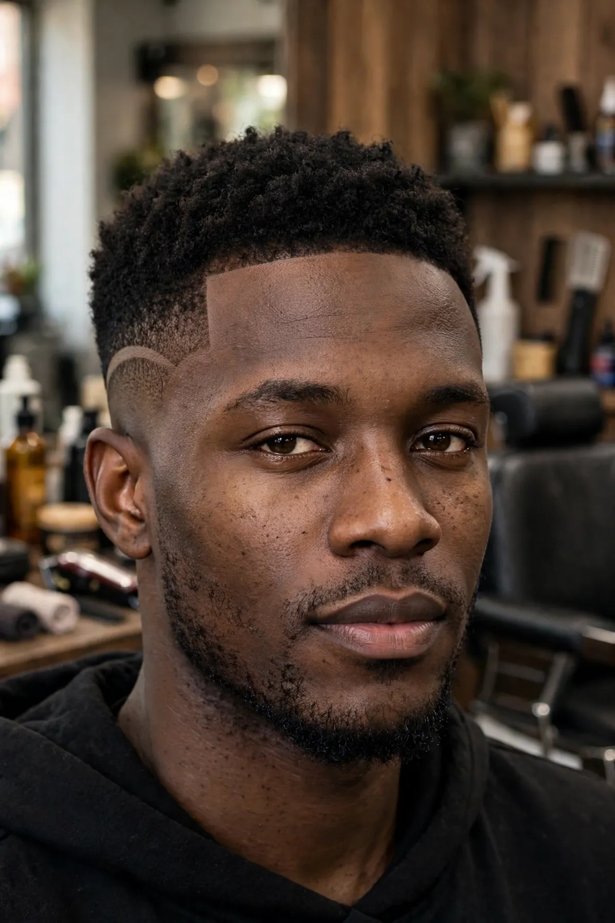 Drop fade black men haircut with fade line dipping behind the ear