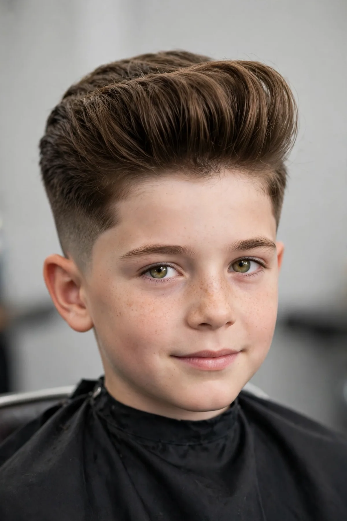 Fade with pompadour for boys — voluminous swept-up pompadour with tight faded sides