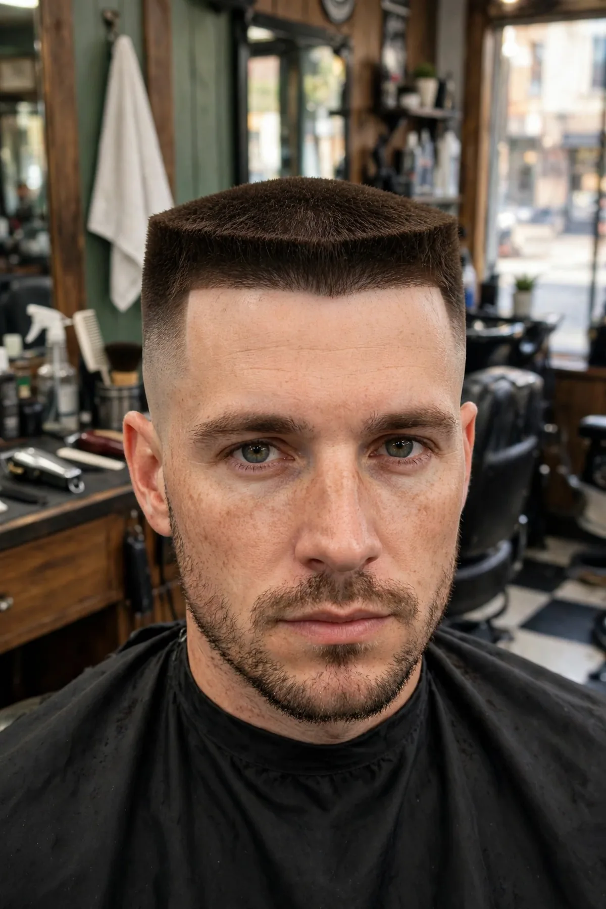 Flat top buzz haircut — short hair shaped into a crisp flat top silhouette