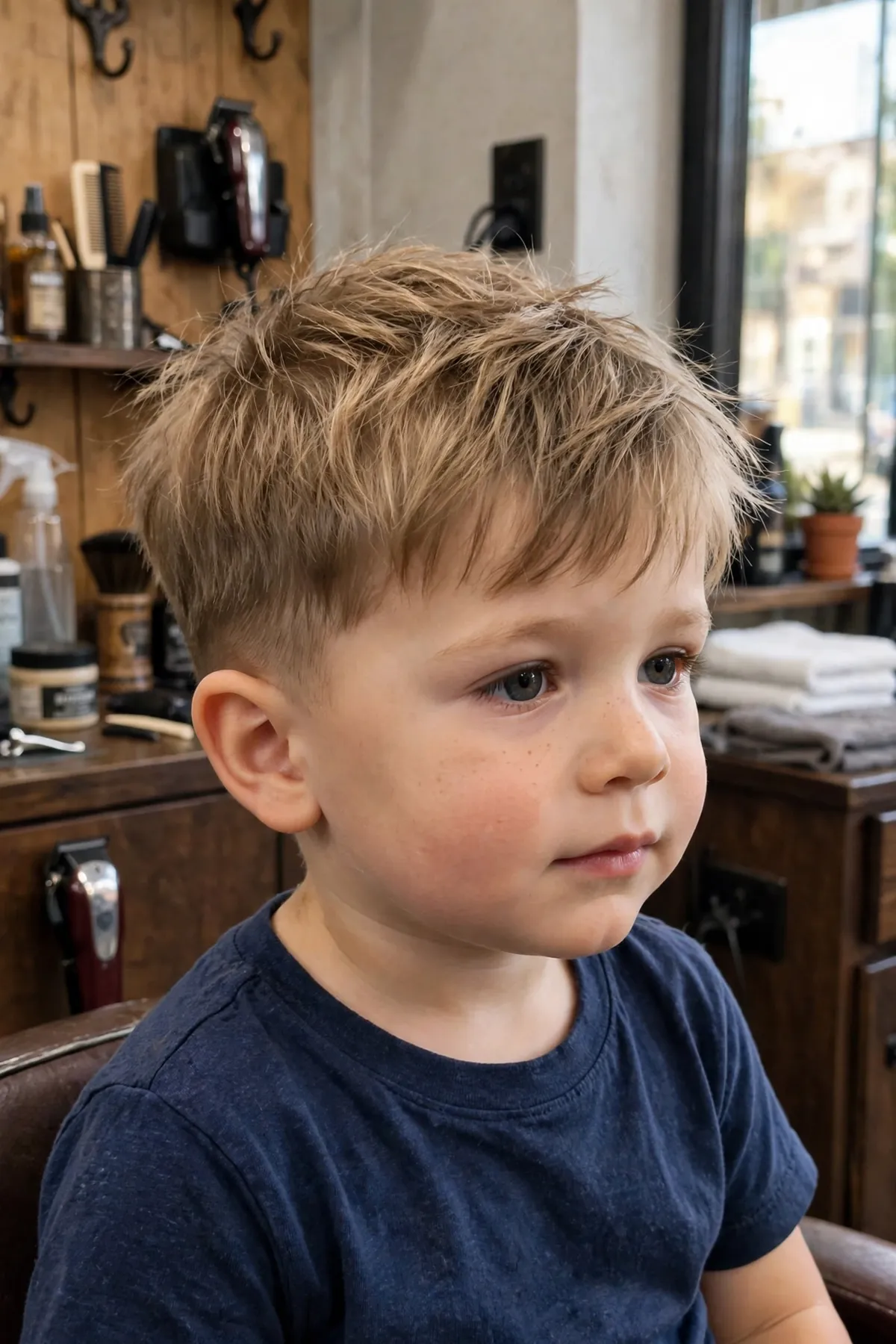 Toddler boy with a short shaggy haircut, light messy layers — playful low maintenance toddler boy haircut