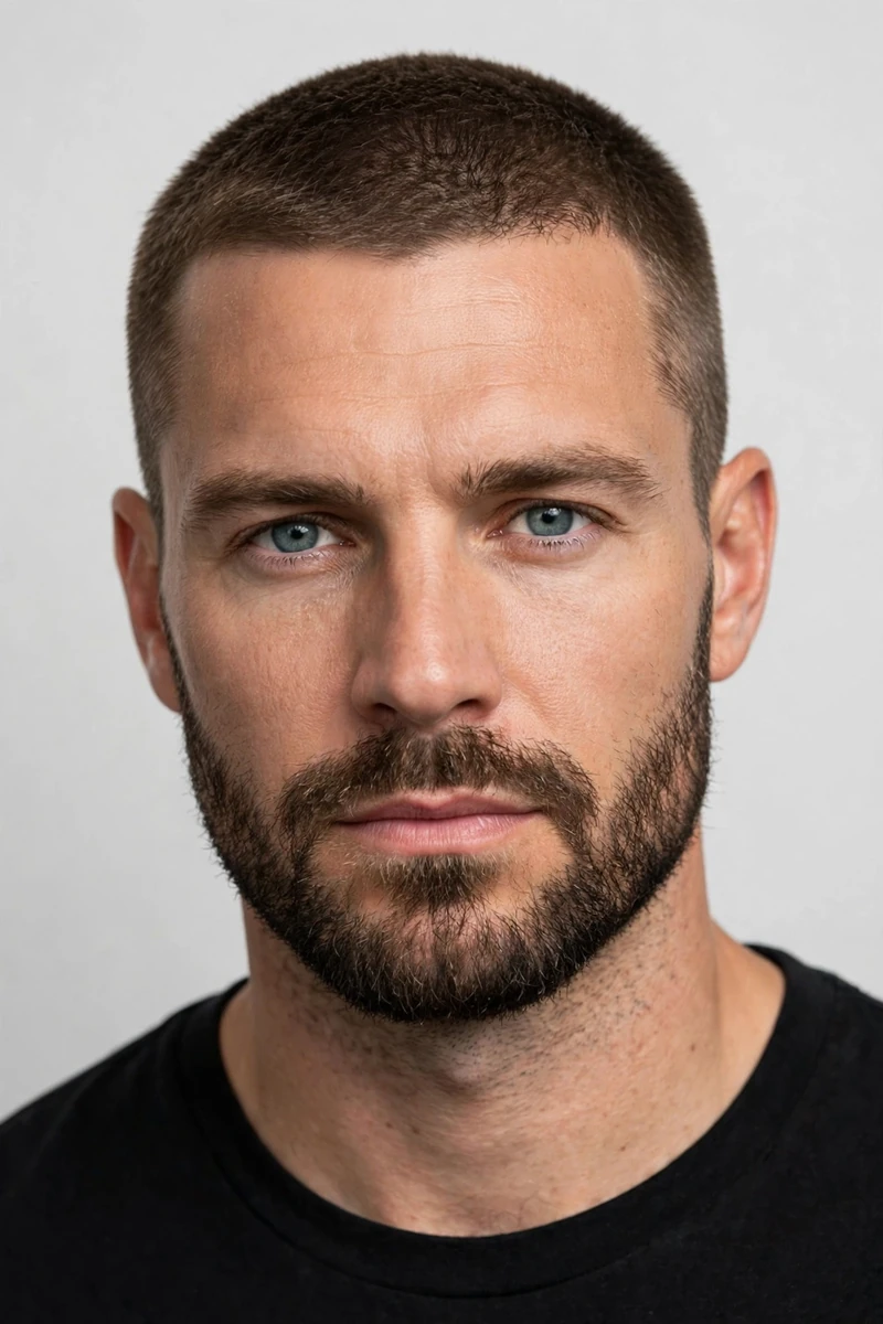 Crew cut with beard for men — classic upright crew cut paired with a short boxed full beard