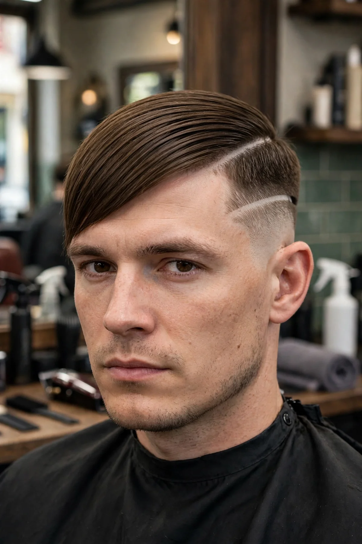 Disconnected undercut haircut for men with straight hair — sharp contrast between long top and clipped sides