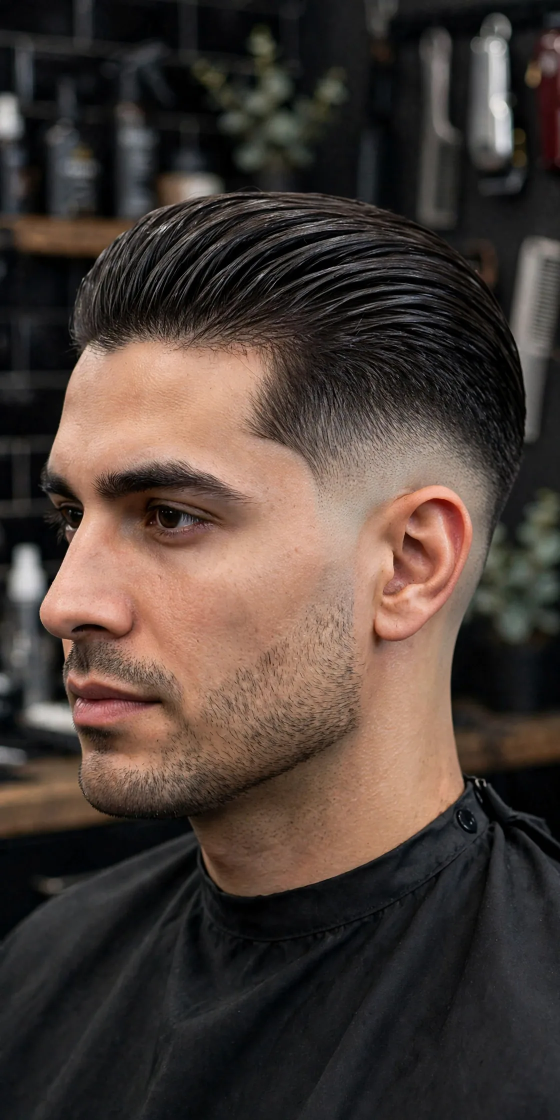 Drop fade slick back haircut with a curved drop fade following the head shape and a full combed-back top. A stylish drop fade slick back hairstyle for men.