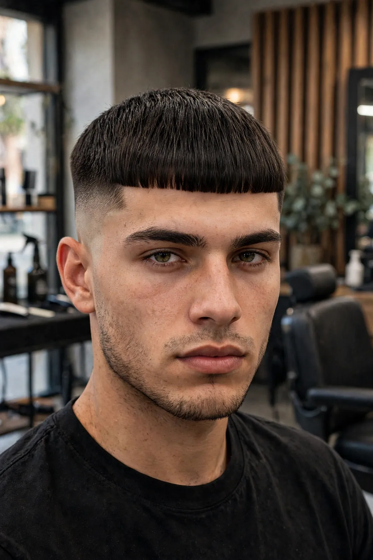 Edgar cut for men — blunt straight fringe with high skin fade, a bold best haircut for men