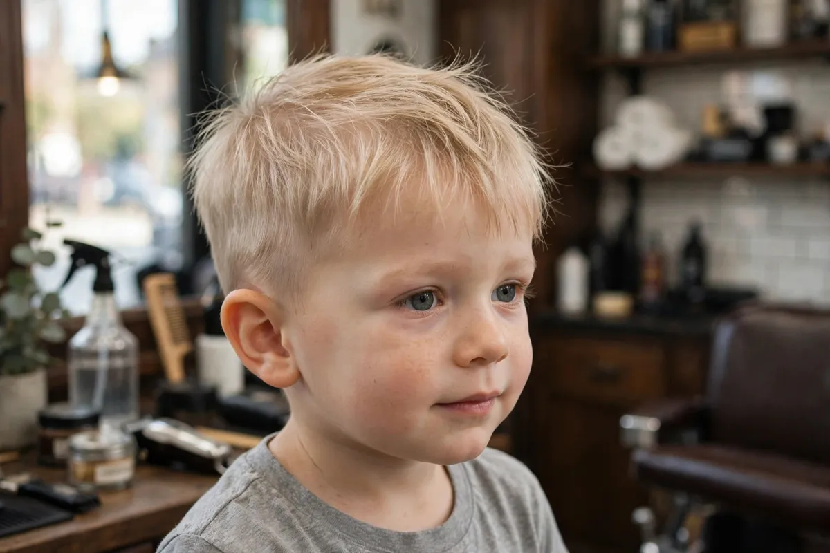 Toddler boy with fine hair in a feathered short cut, wispy texture — best toddler haircut for thin fine hair