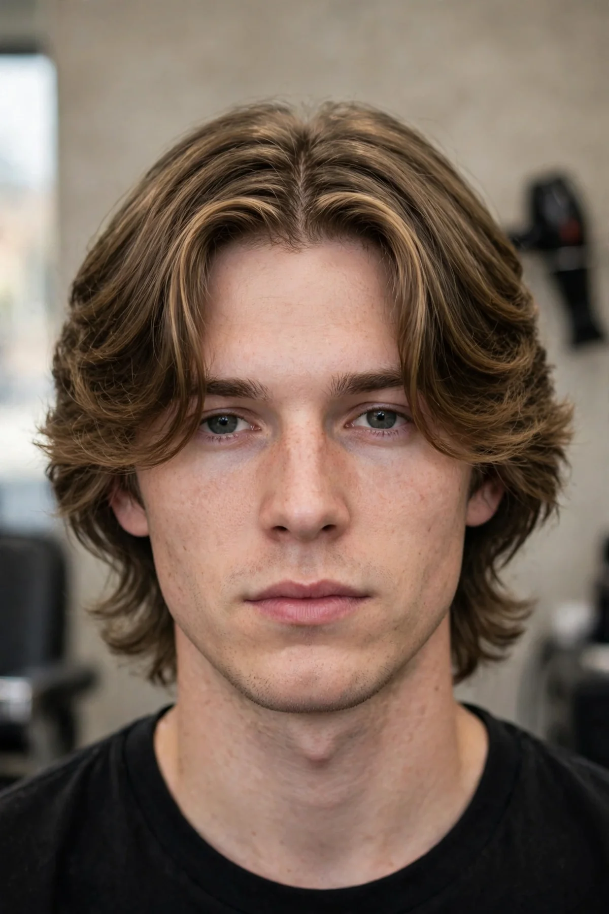 Flow haircut for men with curtain bangs framing the face, center part flowing style