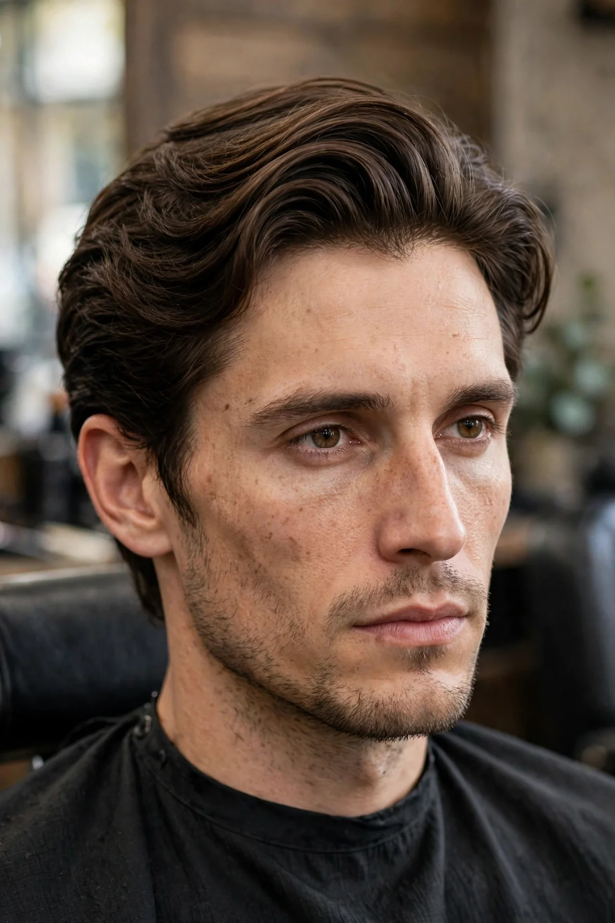The long-face bro flow haircut with fuller sides and controlled top height, barbershop photo.
