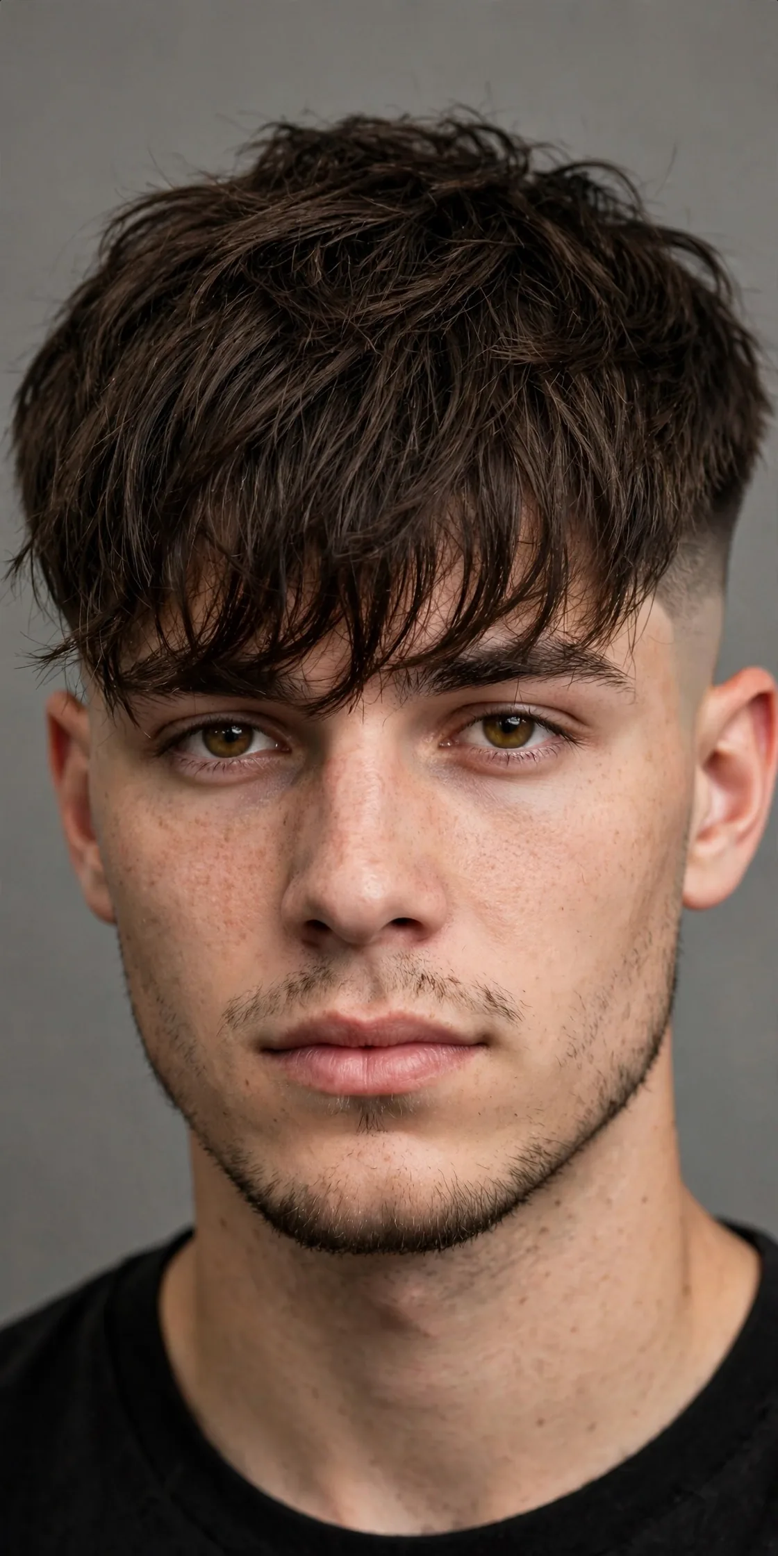 Long fringe with a bald fade haircut — extended fringe over the forehead with clean skin-faded sides
