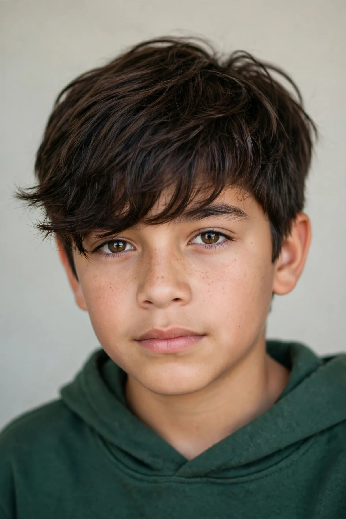 Long textured fringe boys haircut with piecey forward fringe and long layered sides