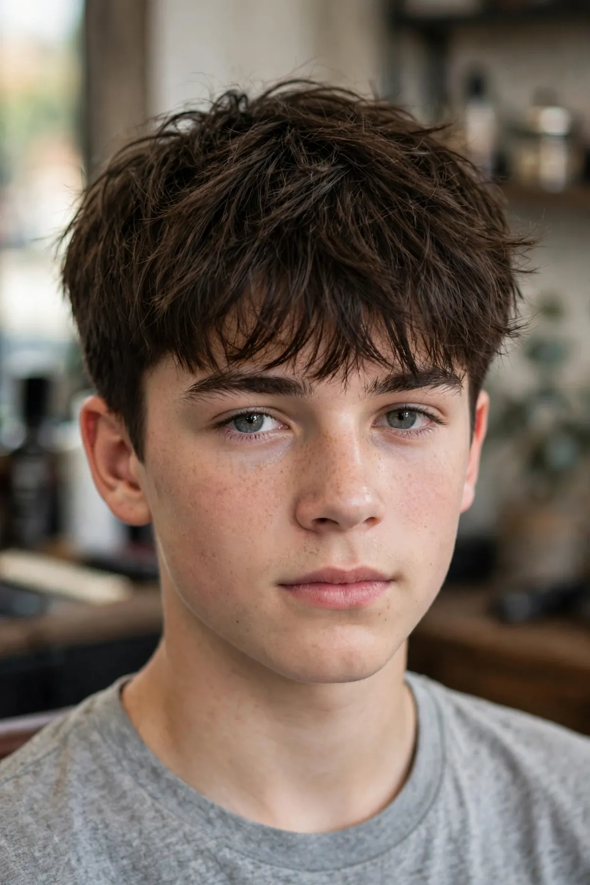 Messy fringe haircut for teenage guys, trendy tousled textured fringe hairstyle on a young man