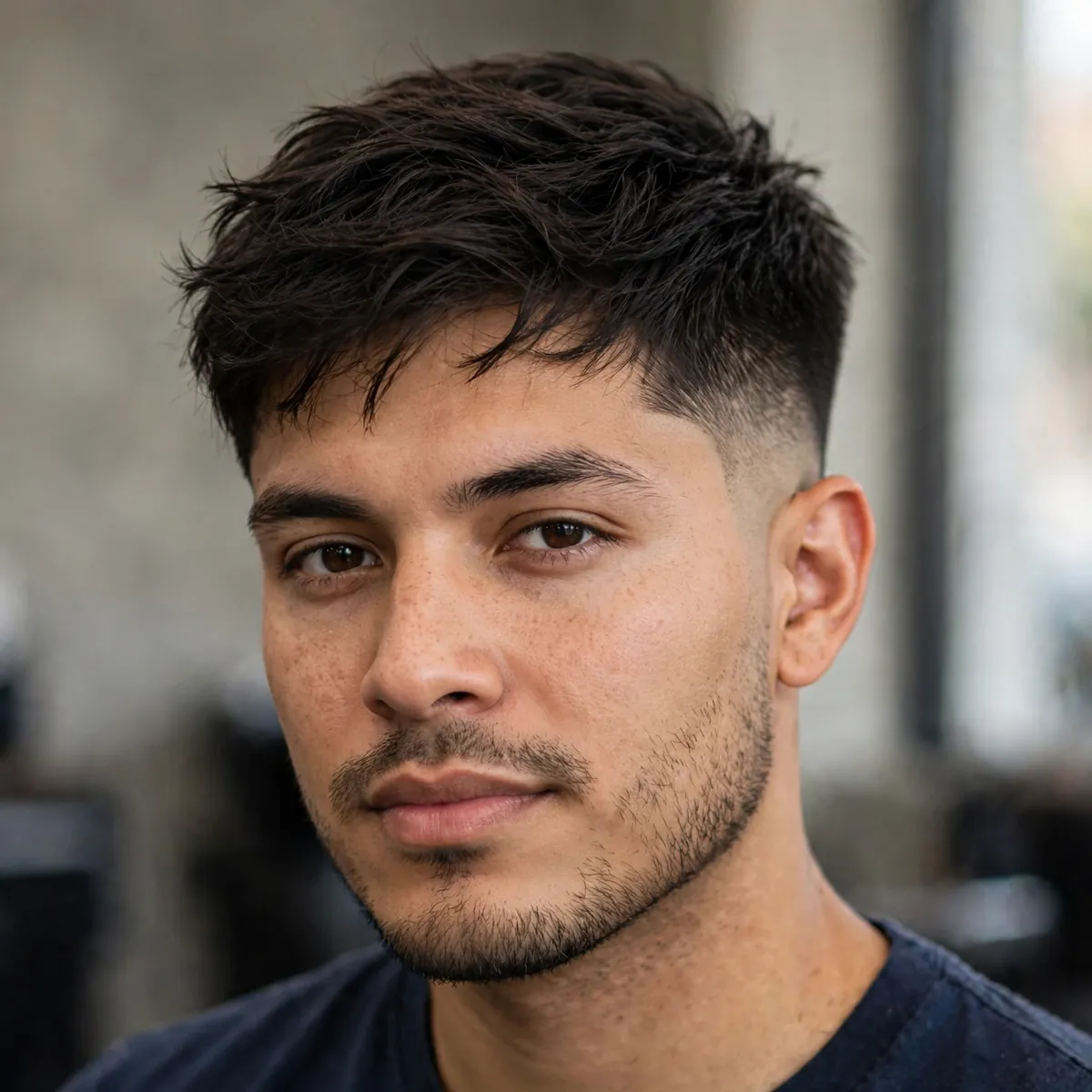 Man with a short textured high taper — tousled short textured top with high tapered sides.